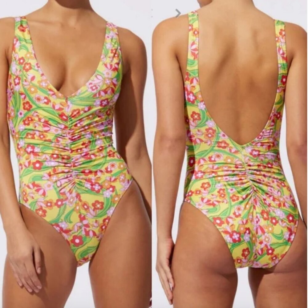 SOLID & STRIPED The Lucia Ruched One Piece Ruched  Swimsuit Floral Print XS NWT